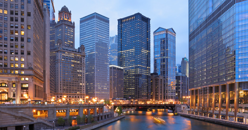 Chicago skyline NE from Wacker Drive