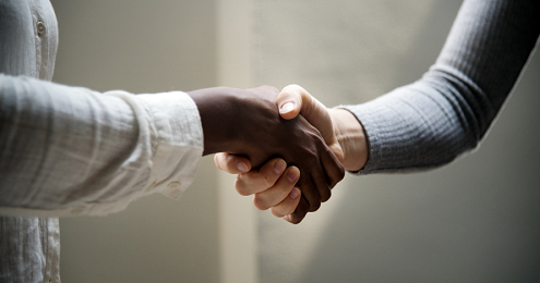 Two hands of different skin tones are clasped in a firm handshake.
